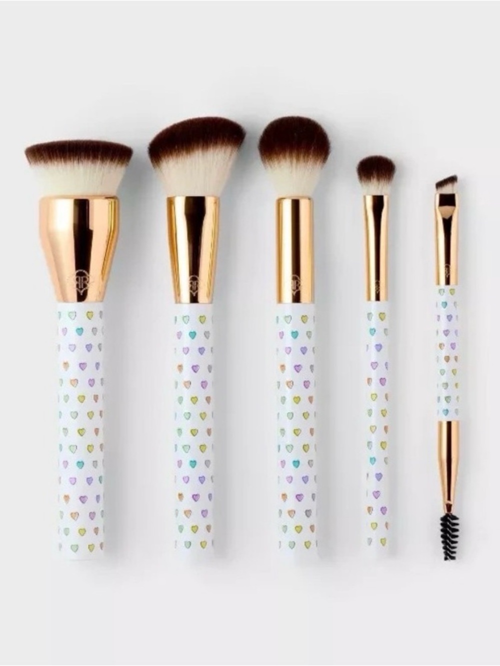 White Heart Print Makeup Brush Set with Rose Gold Ferrules